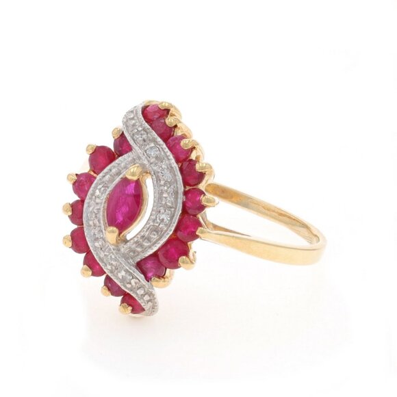 Yellow Gold Ruby Diamond Ring - 10k Marquise & Round .94ctw Swirl - Picture 3 of 6